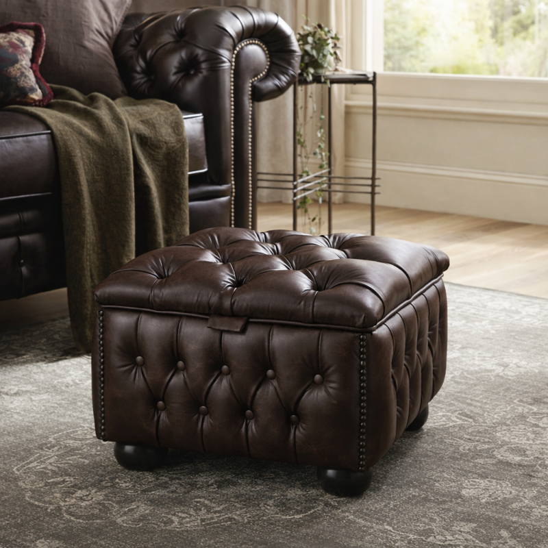 Pouf capitonné avec coffre de rangement – Style anglais haut de gamme