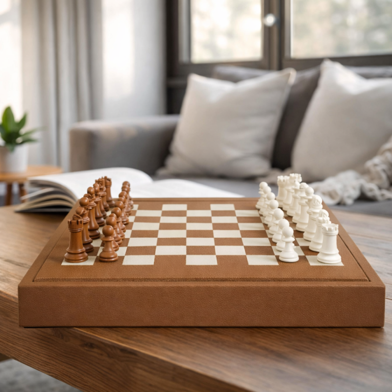 Jeu d’échecs 48x48 cm en cuir grainé – Fait main à Paris