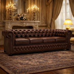 Canapé Chesterfield 4 places cuir antique artisanal