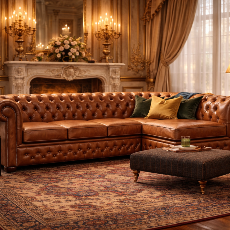 Canapé d’angle Chesterfield cuir antique sur mesure