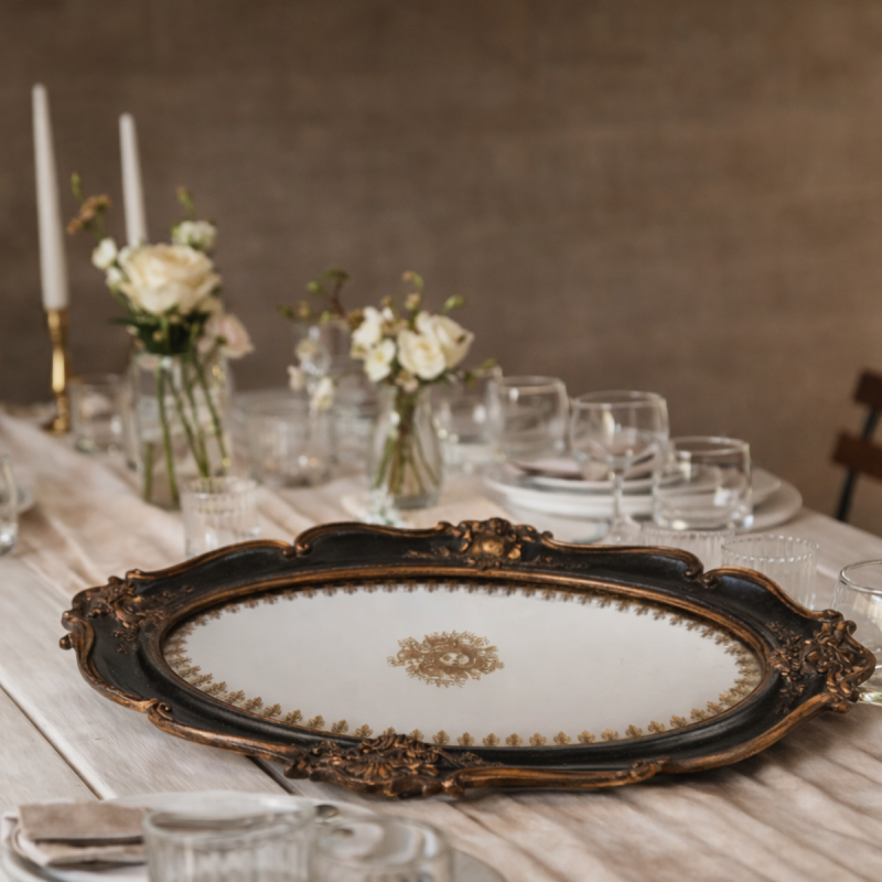 Révérence - Plateau miroir ovale baroque noir et or